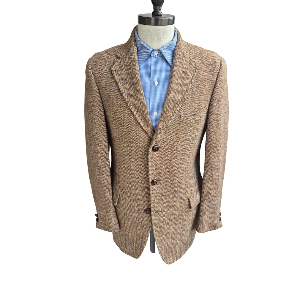 Harris Tweed Tan Brown Herringbone Wool Blazer Sport Coat Weave USA Sz 42 L VTG